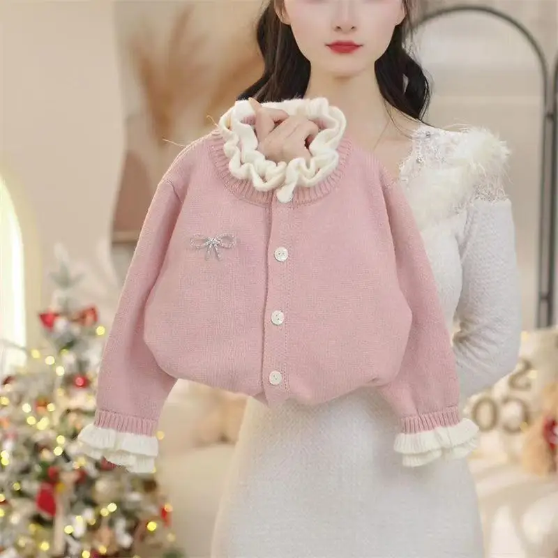 Baby Girls Pink Cardigan Autumn Winter 2026 New Children Knitted Sweater Coat Ruffle Trim Warm Outerwear Kids Tutu Skirt