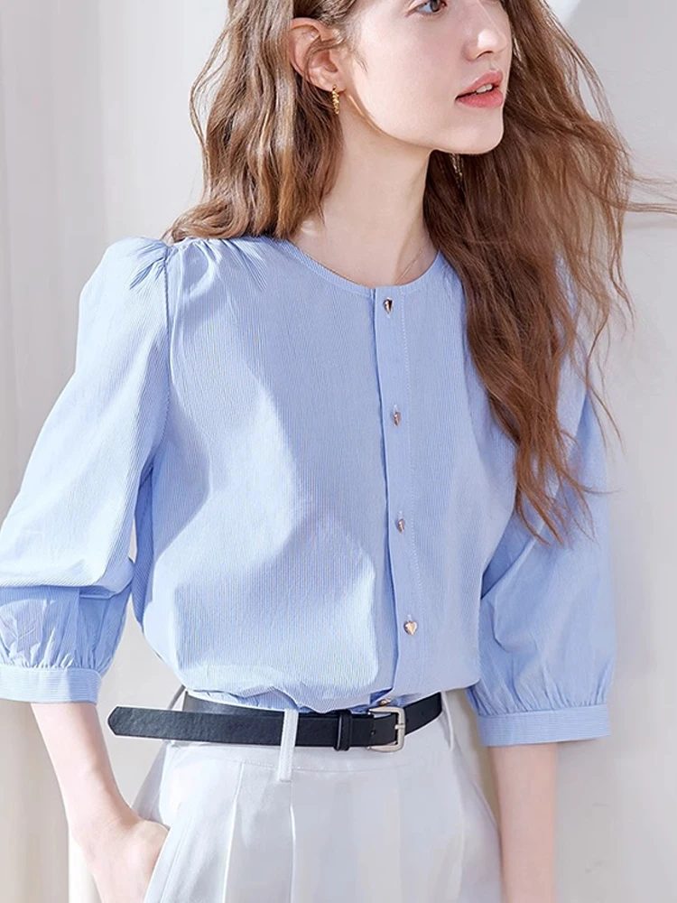 Casual round Ne irt Women's Single Button Seven Sve Simple Summer Faion Ele Design Sense irt Korean Sle Loos...