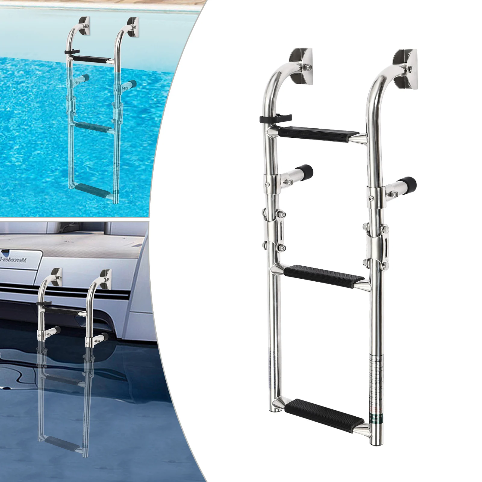 304 Stainless Steel 3 Step Folding Boat Ladder for Yachts Speedboats Anti-Slip Pedal and Portable