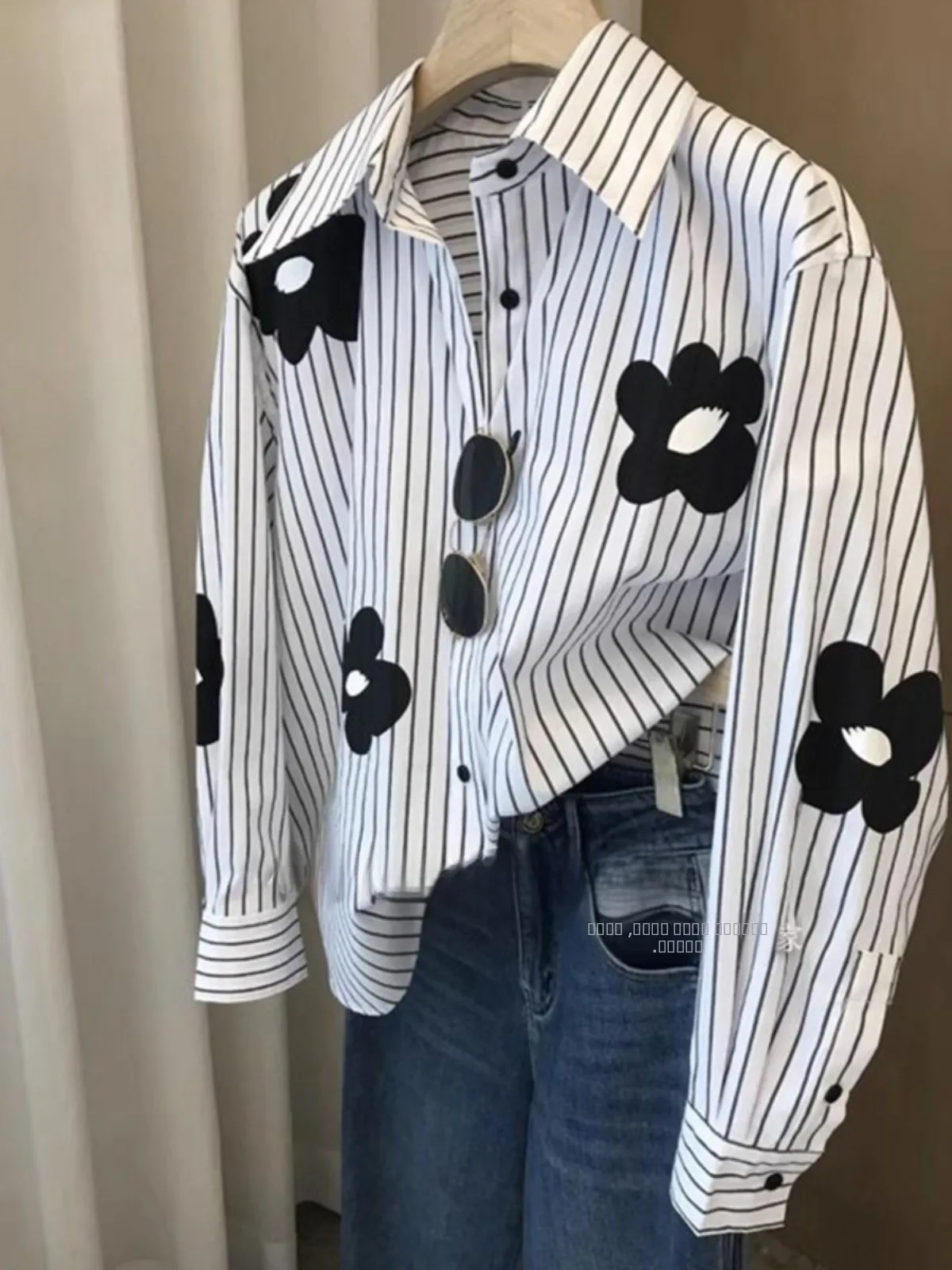 

Ele Loose Long Sve irt Spring Autumn Anti-Aging Floral Design Stripes Slimming Print Women's Busin Casual Top