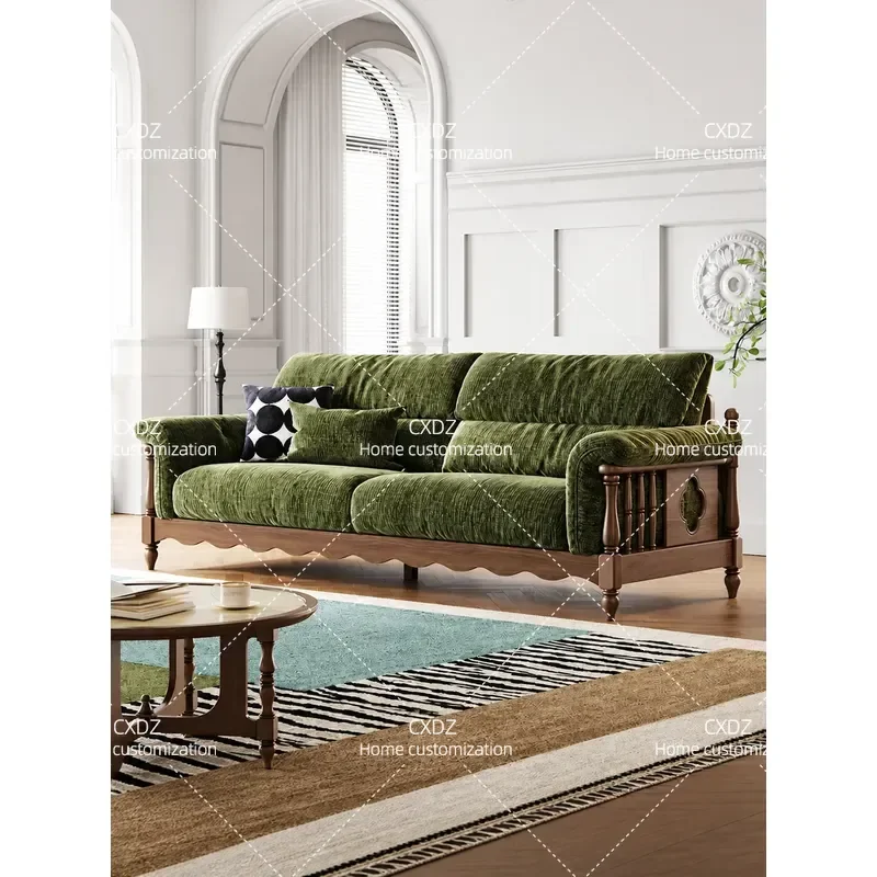 Medieval Solid Wood Sofa Living Room Home Straight Row Retro Fabric Couch 3 or 4 Seater Removable Washable Cover Furniture