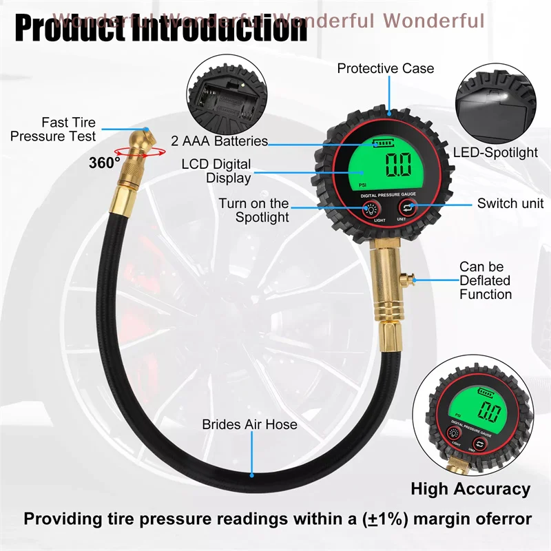 Inflation Monitoring Manometer Digital Tire Pressure Gauge LED Backlight Air Inflator Vehicle Tester with Hose for Car Bike