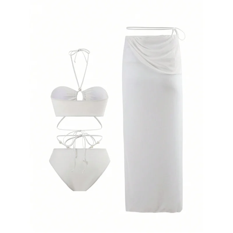 Sexy Bikini Set Swimsuit Women Pearls Halter Backless Lace Up Cover Up Swimwear 2025 New Biquini 3 Piece Beachwear Bathing Suit