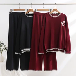 Elegant Embroidery Knit Two Piece Set Woman Winter Sweater Pant Matching Sets Casual Loungewear Knitted Two Piece Set Women 2024