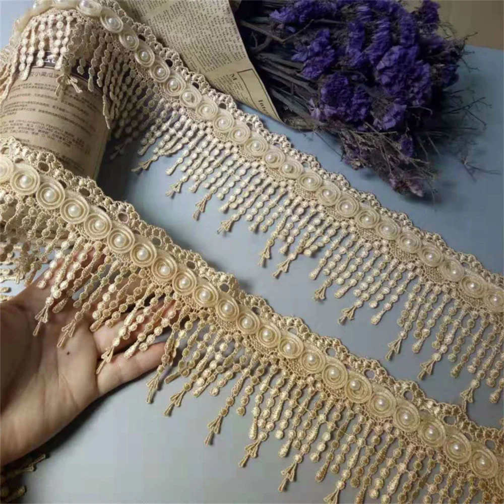 1 Yard Gold Pearl Tassel Plum Flowers Pearl Lace  Trimmings Ribbons Beaded Lace Fabric Embroidered Sewing Wedding Dress 8cm