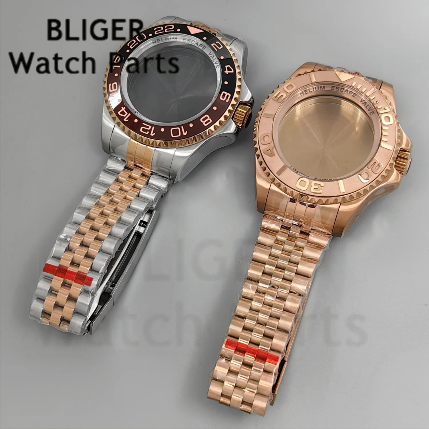44mm Two Tone Rose Gold Men Automatic Watch Case For SUB GMT Ceramic Bezel Mod NH34 NH35 NH36 ETA2824 DG3804 Jubilee Glide Strap