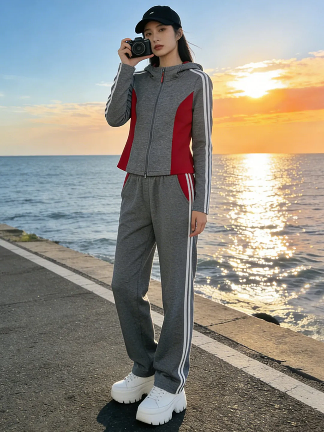 

Повседневный серый кардиган с капюшоном и длинными рукавами, широкие брюки, комплект из двух предметов, женский, весенний, новый стиль, европейский модный бренд