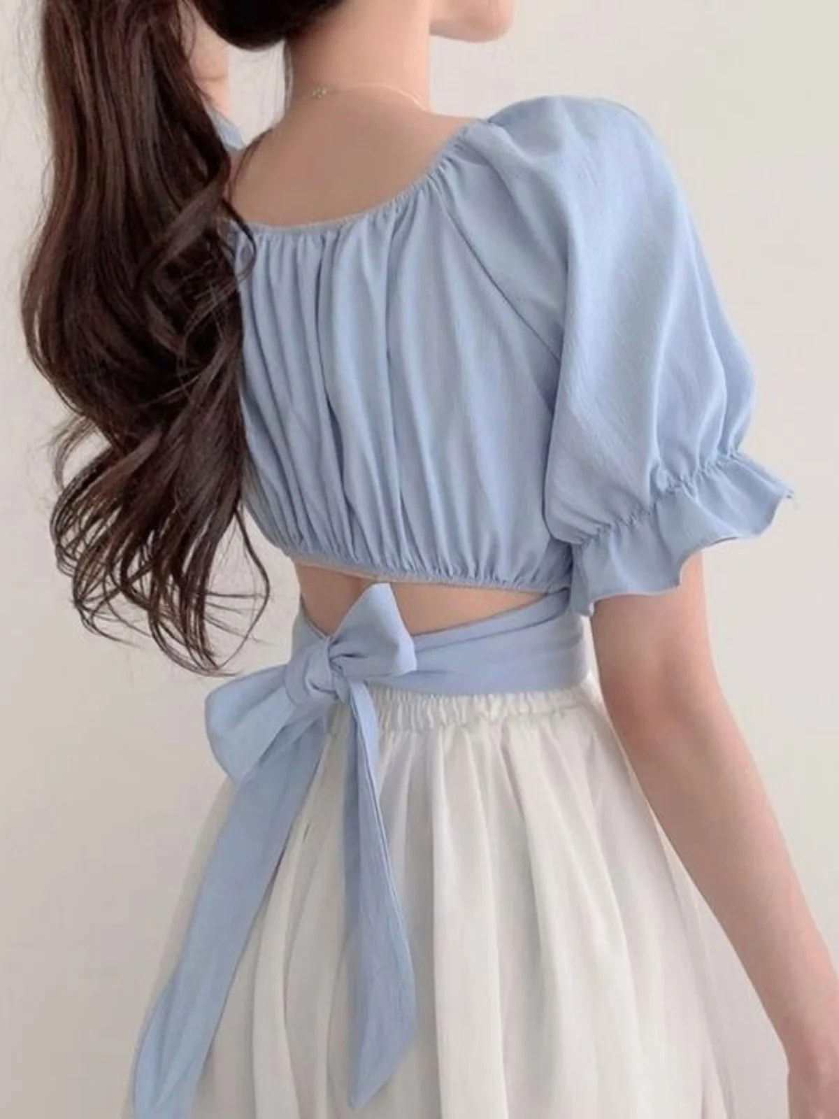 

Summer Vintage Square Collar Waist Cinched Knot Bubble Sve Top Women's Design ort irt Korean Sle High Waist