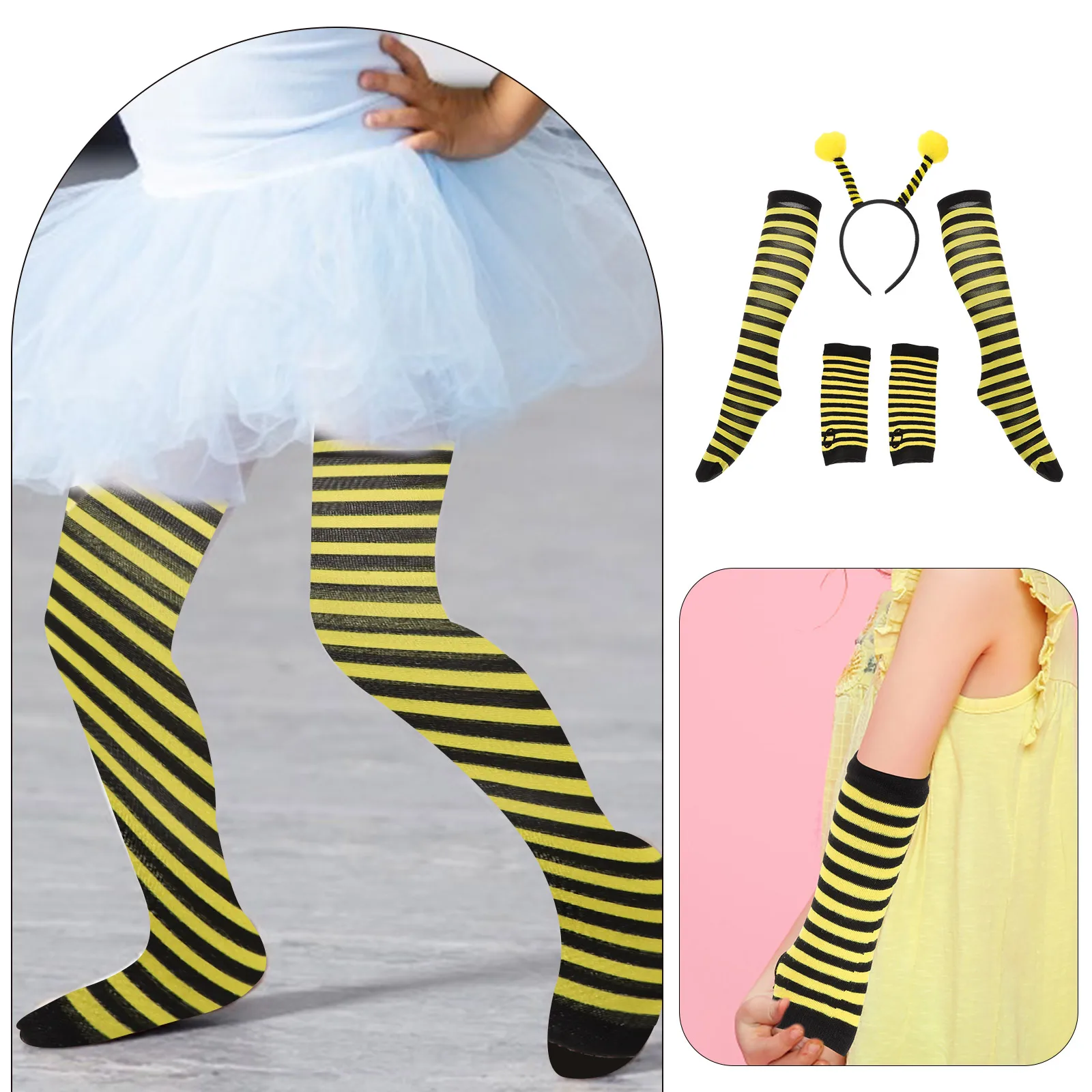 

Bee Costume Kit Kids Animal Headdress Set Striped Gloves Stockings Headband For Toddler Halloween Stage Performance