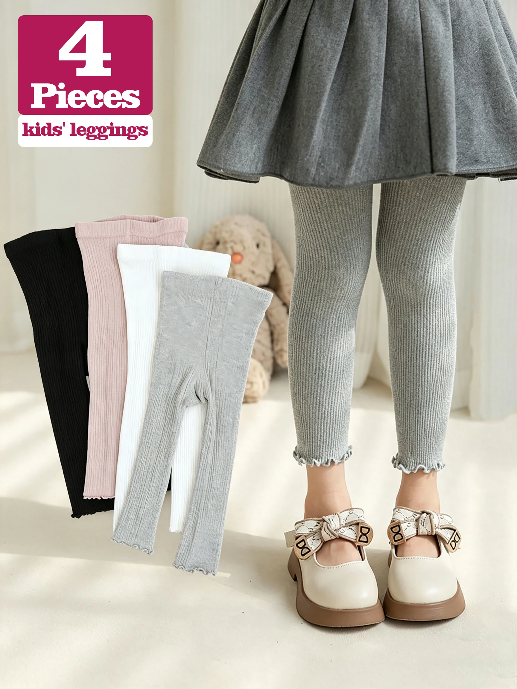 4-teiliges Set Baby Mädchen Gerippte Leggings mit Rüschenbesatz Weiche Atmungsaktive Elastische Hosen Frühling Herbst für Kleinkind Mädchen Casual Outfits