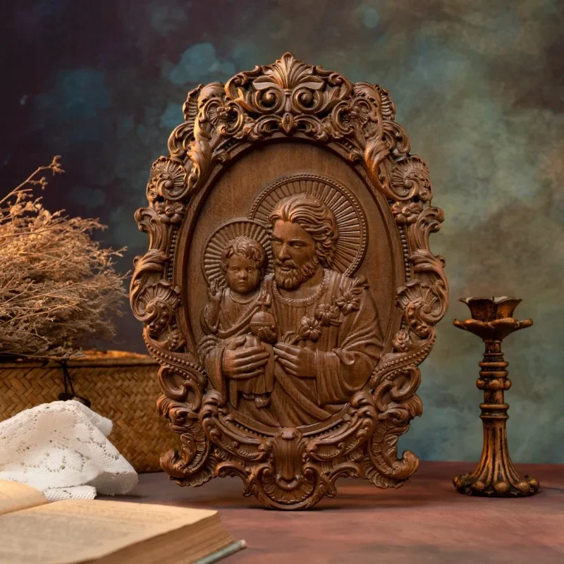 Wood Carving Religious Saint Joseph Icons Gift, Wall Art Work Figure Carving Catholic Home Decor