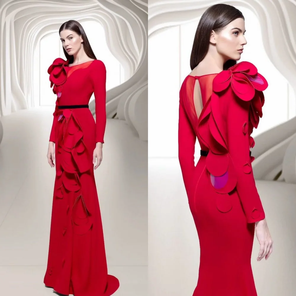 Jiayigong High Quality  Evening Jersey Flower Draped Ruched Graduation A-line O-Neck Bespoke Occasion Gown Long Dresses