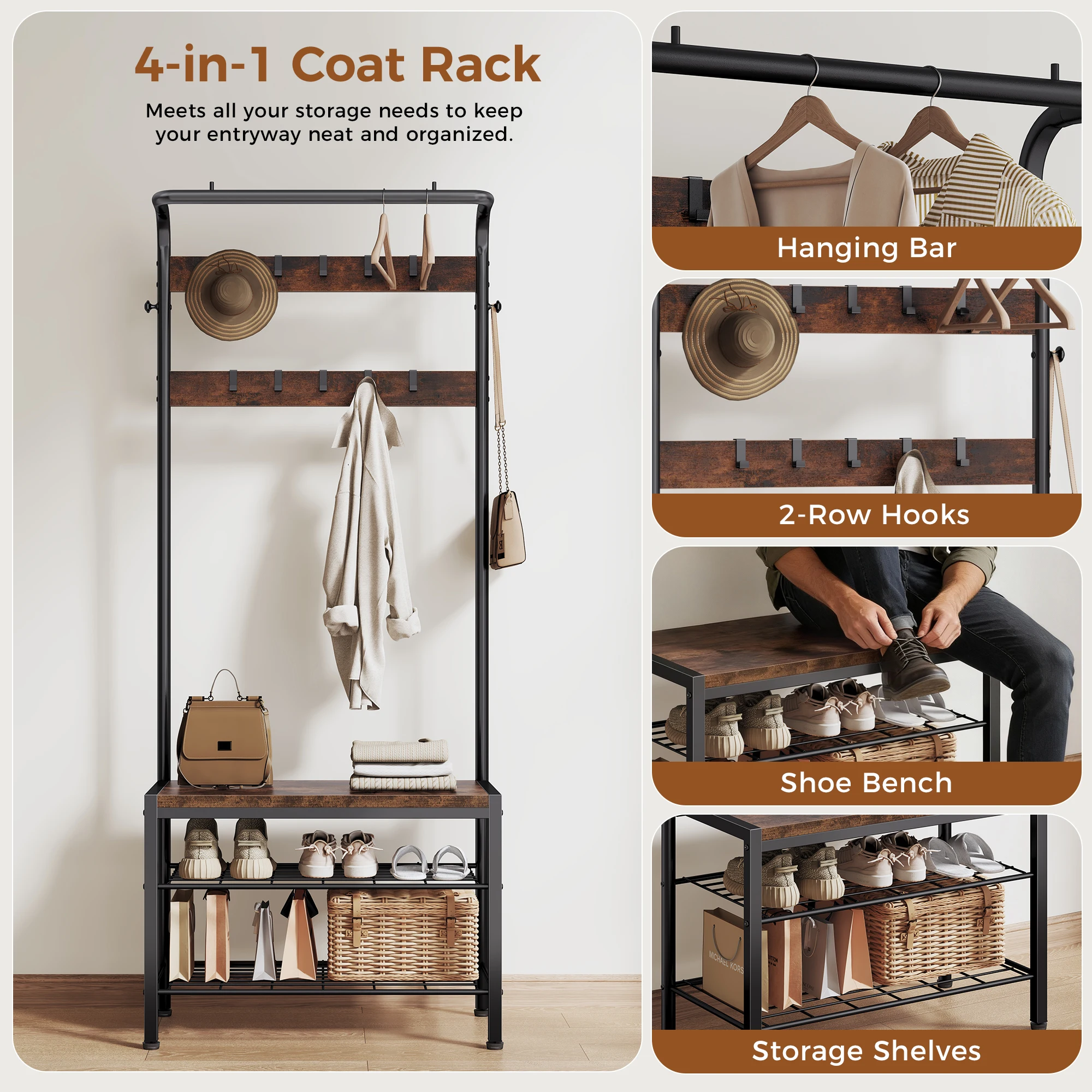 4-in-1 Coat Rack with Shoe Bench 3