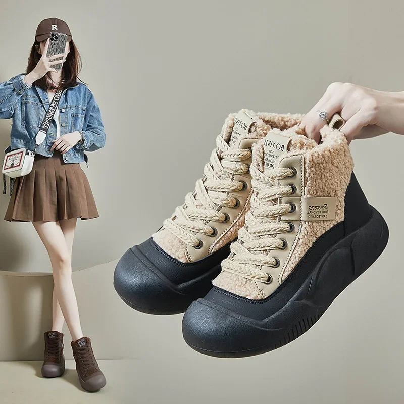 두꺼운 양털 안감 여성 겨울 새 스노우 부츠 미끄럼 방지 따뜻한 신발 하이 탑 코튼 신발 캐주얼 스포츠 보드 신발