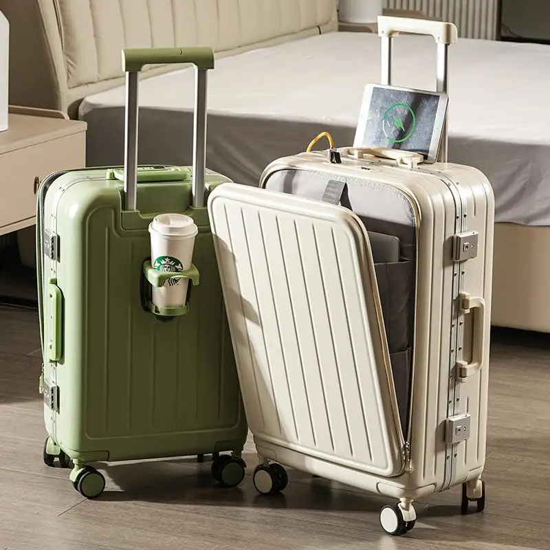 Luggage box 20 inch aluminum frame universal wheel travel box with high appearance and cup holder boarding trolley box