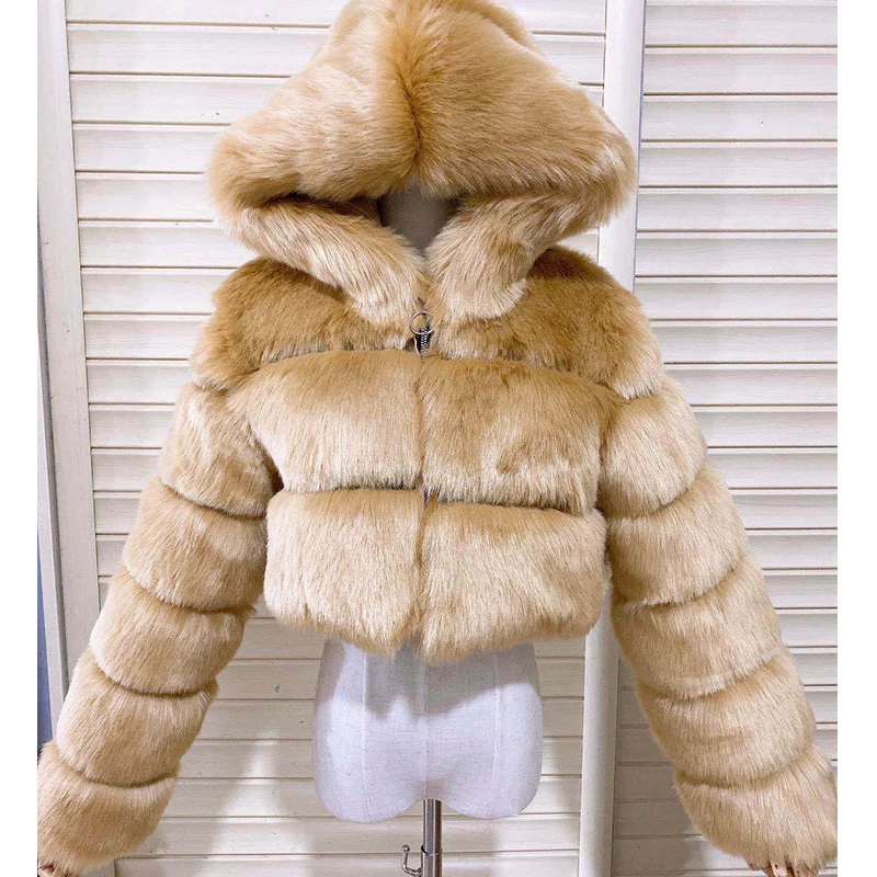 Red Raccoon Fur Coat Winter Furry Cropped Faux Fur Coats and Jackets Women Fluffy Top Coat Hooded Zip Short Fur Jacket Fashion