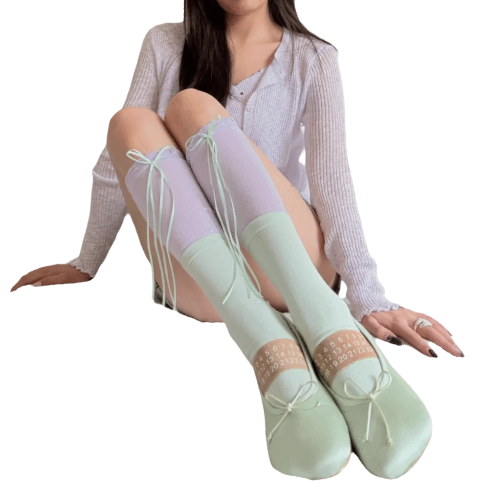 1Pair Kawaii Ballet Splicing Bow Knee High Socks Cotton Colorful Thigh High Socks Thin Leg Socks Women Girl