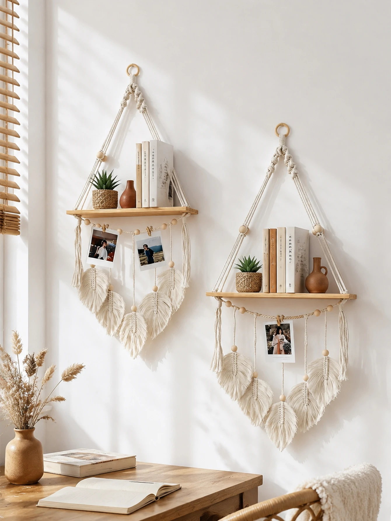 ボヘミアンマクラメ壁掛け棚、リーフタッセル付き木製ビーズフロ - Floating Shelves のレビューと価格