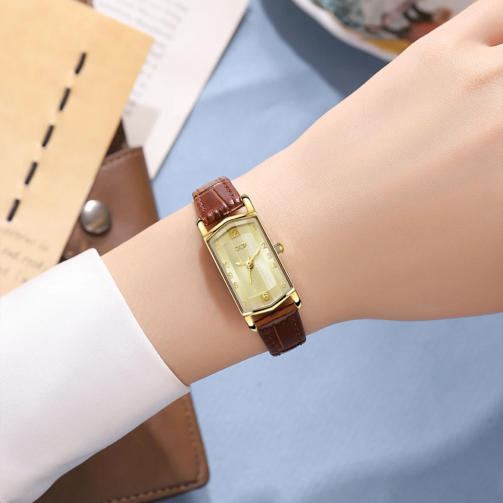 GEDI Vintage Rectangular Women Watches Luxury Elegant Waterproof Genuine Leather Strap Ladies Wristwatch Quartz Watch for Woman