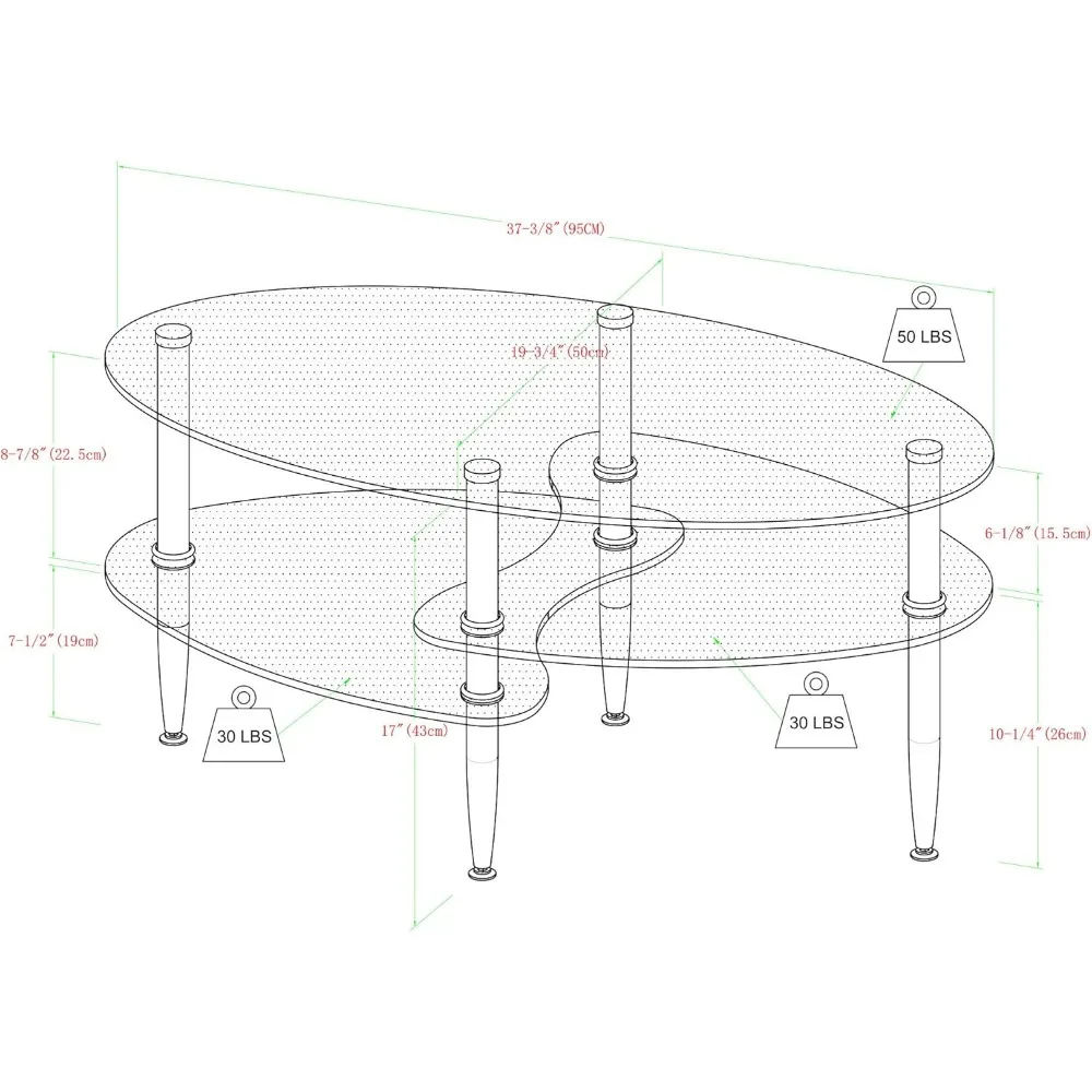 Современный овальный стеклянный журнальный столик для гостиной, османская полка для хранения, 37 дюймов, стекло