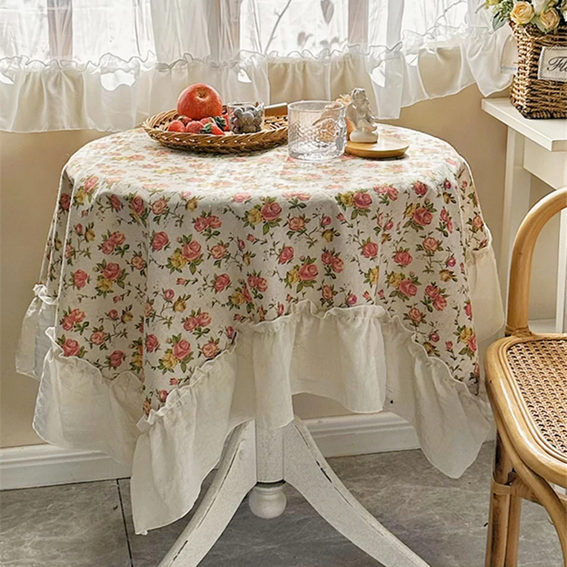 Retro Rose Tablecloth Pastoral Cotton Linen Diningtable Tablecloth Balcony Garden Table Decorative Cloth Picnic Cloth for Outing