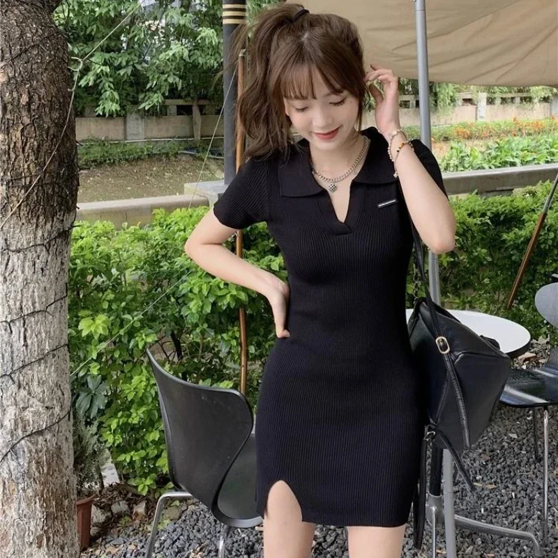 Sexy Kurzarm Mini Gestrickte Split Bodycon frauen Kleider Retro Günstige Casual Vintage Koreanische Mode Kurvige Weibliche Kleid Verkauf