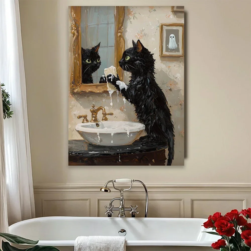 (No frame)Black Cat Washing Paws in Bathroom Poster Cute Cat Prints Bathroom Decor Black Cats in Bubble Bath Canvas Painting