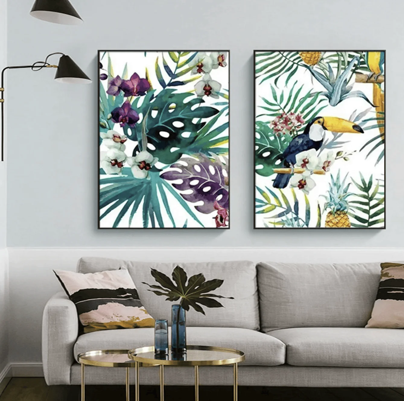 Watercolor Tropical Toucan Palm Leaf Canvas Wall Art, Jungle Floral Prints Posters for Living Room Bedroom Home Decor