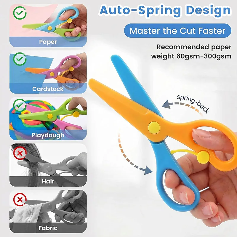 Kids Training Scissors 2-12Pcs Auto Spring Self-Opening ABS Plastic Safety Craft Scissor Toddler Preschool Home Classroom Supply