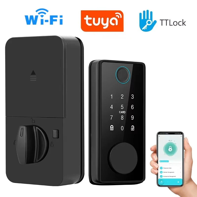 Tuya WiFi Smart Door Lock Keyless Entry Fingerprint Electronic Digital Lock TTlock App/Password/IC Card Unlock For Wooden Door