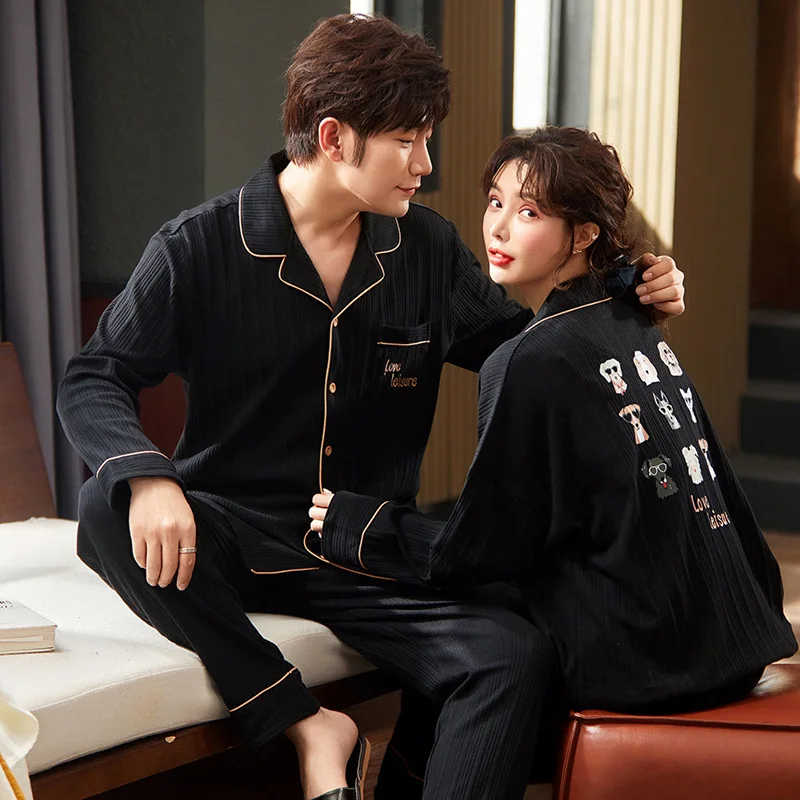 Autumn Cotton Women's Long Sleep Tops Pant Pajamas Set Man's Pijamas Suit Sleepwear Fashion Cardigan Home Suit Couples Clothing