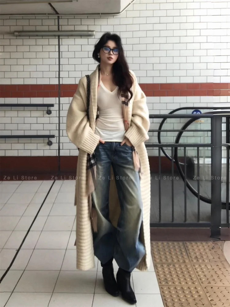 Apricot Knitted Cardigan Women's 2026 Autumn New Design Sense Loose and Lazy Outer Wear Lace-up Long Sweater Jacket