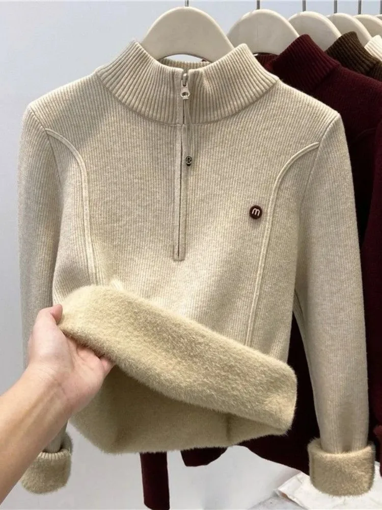 سترة محبوكة مخملية أنيقة من Chic f Zip Thiened للنساء لربيع وخريف وشتاء f بياقة عالية وقاعدة مستوى الكتف...