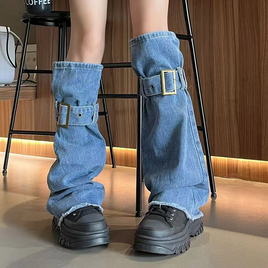 Denim Leg Cover Washed Straps Stacking Socks Stockings Fashion Y2k Leg Warmer Punk Drawstring Strap Boot Socks