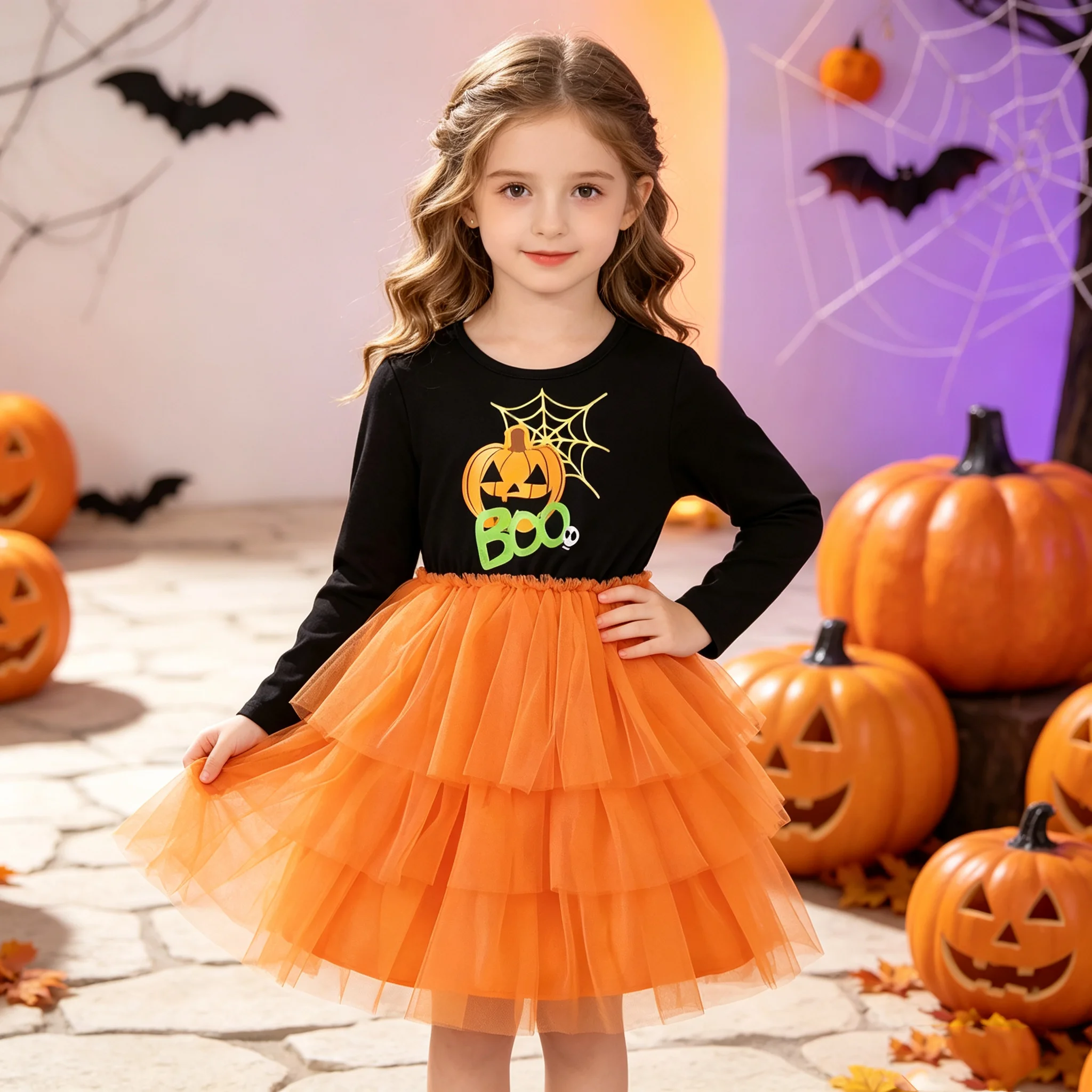 Halloween Kinder Langarm-Mesh-Kleid mit Kürbismuster, Lässiger Rundhalsausschnitt, Herbst-Winter-Kleidung für Kinder – Detail 2