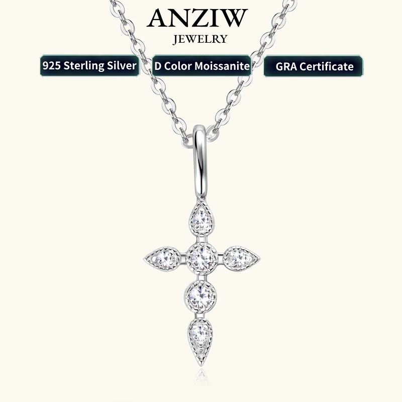 Anziw Classic 925 Sterling Silver Cross Pendant Necklace Moissanite for Women Men Certificate Charm Jewelry Collar Gifts 40+5cm