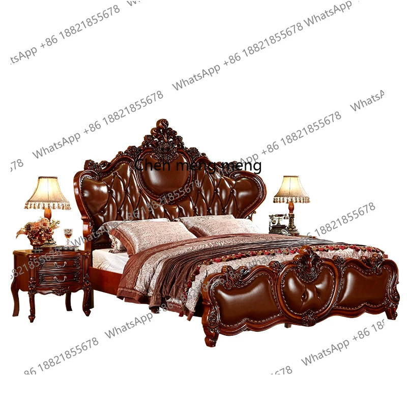 European leather bed solid wood carving flower first layer cowhide high-end American 1.8 * 2 meters luxury double bed