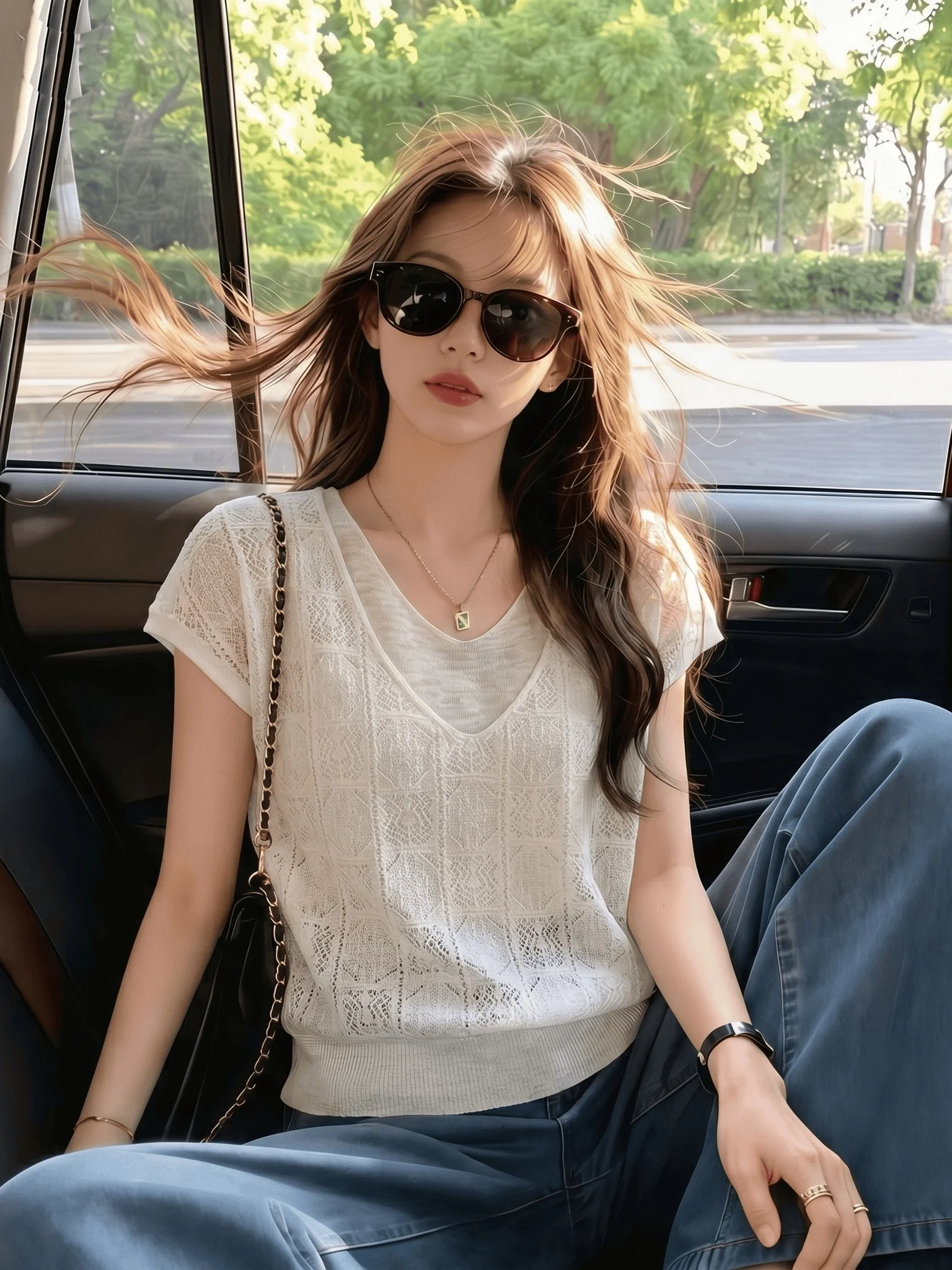 Summer Thin Hooked Flower Hollow V-neck Short Sleeve T-shirt Women's plus Size Micro Fat MM Fake Two-piece Top Commute Style