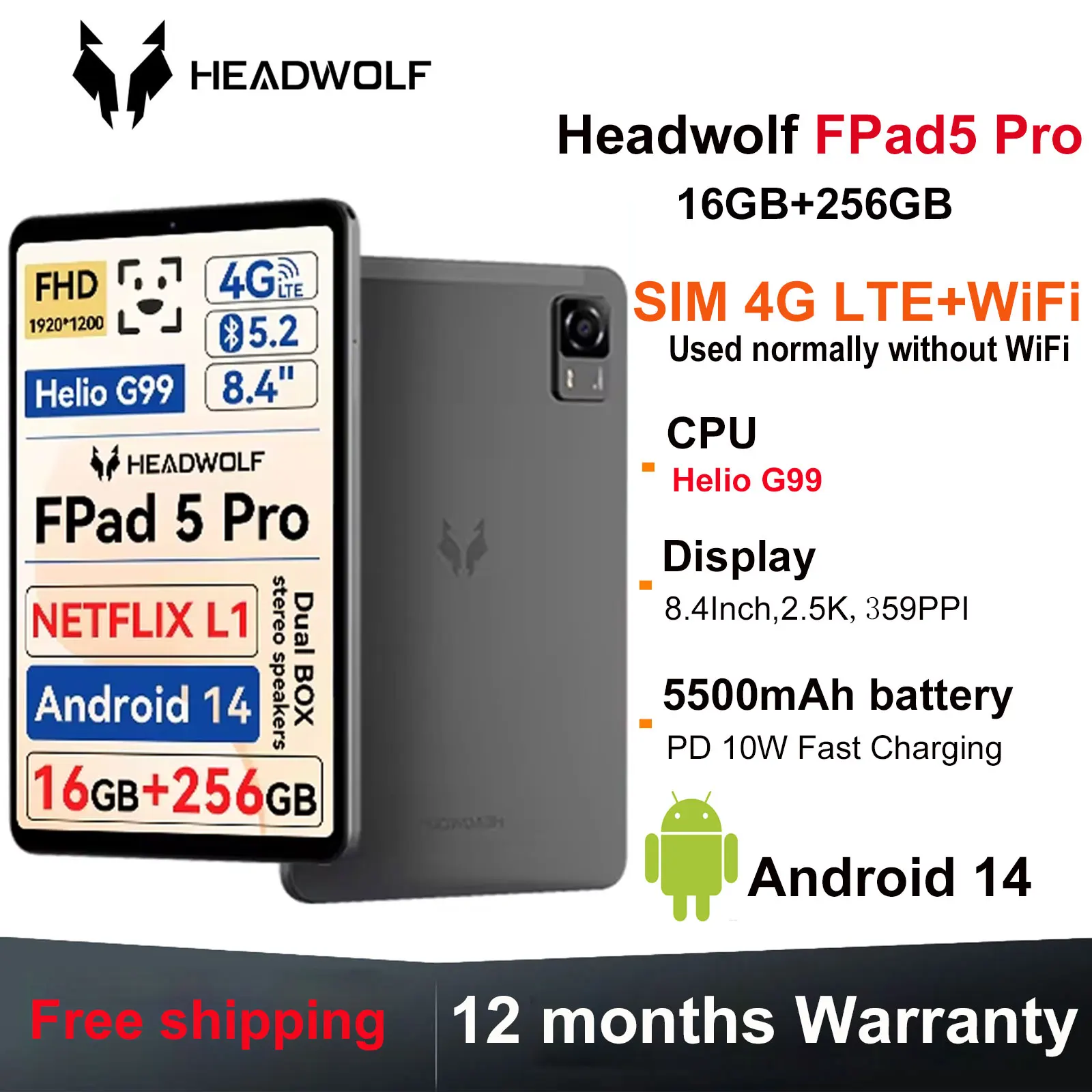HEADWOLF FPad5 Pro Tablet Android 14 da 8,4 pollici Max 16 Ram 256 GB ROM UFS2.1 Octa-core G99 Tablet PC 5500 mAh Supporto WideVine L1
