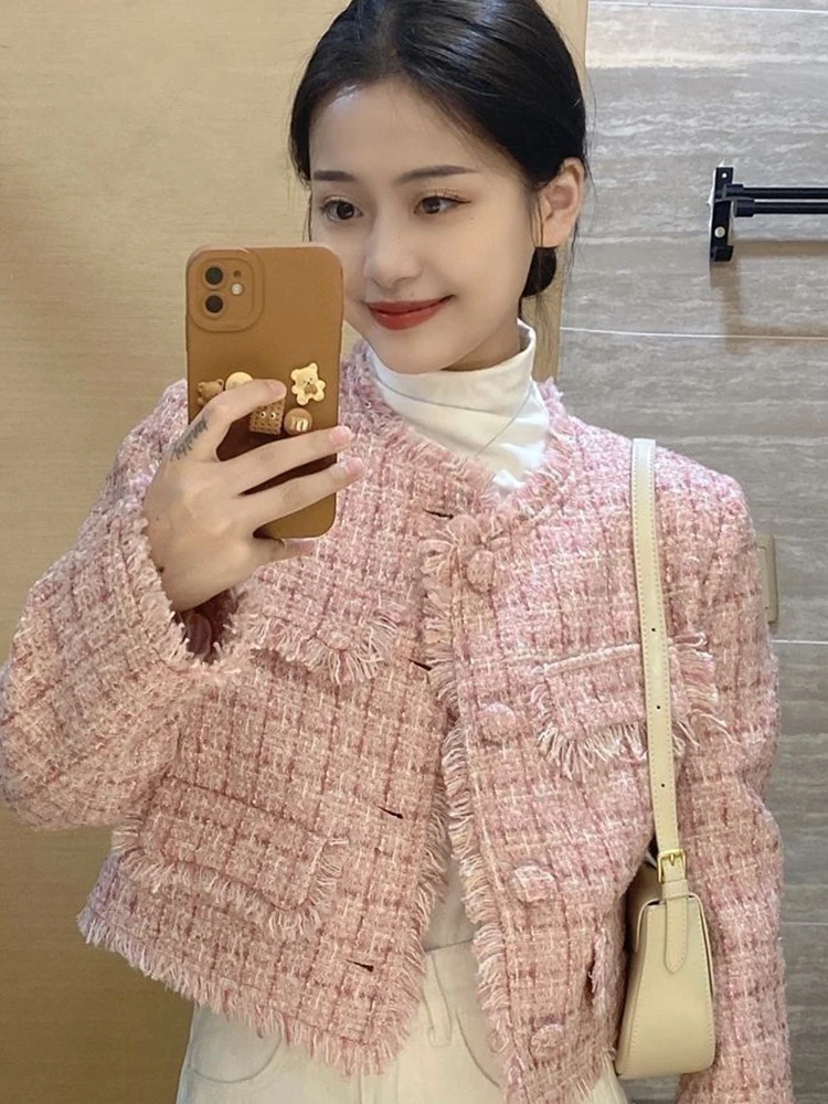 Chic Tassel Pink Plaid Tweed Jacket Women Slim Long Sleeve Fashion Elegant Short Coat French Fall Female Sweet O Neck Cute Tops