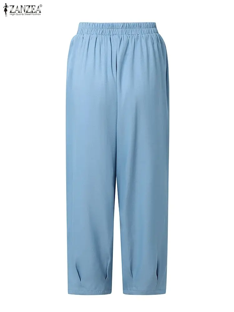 ZANZEA otoño moda mujer pantalones largos bolsillos pantalones cónicos 2025 pantalones de cintura elástica Casual sólido elegante Capris sueltos