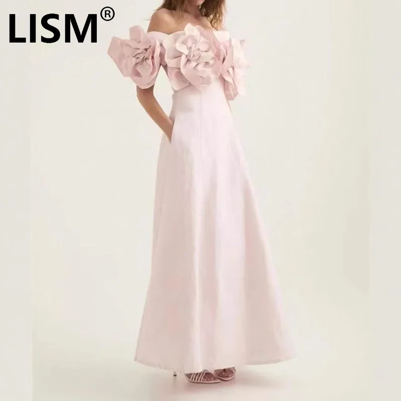 LISM moda mujer vestido de noche sin tirantes patchwork 3D flor color sólido elegante vestidos de fiesta 2024 otoño nuevo