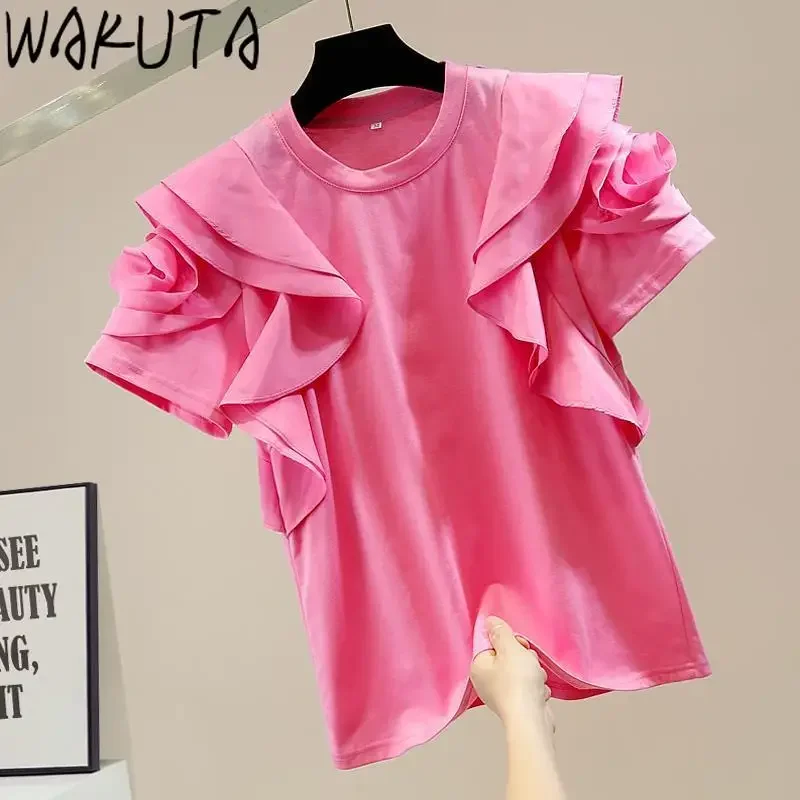 

WAKUTA Ruffled Short Sleeve Solid Tshirts Women Korean 2024 Fashion Elegant Sweet Loose O Neck Ladies Tops Casual 9D630