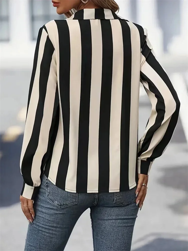 Women Spring Autumn Style Blouses Shirts Lady Casual Long Sleeve Turn-down Collar Striped Printed Blouse Top