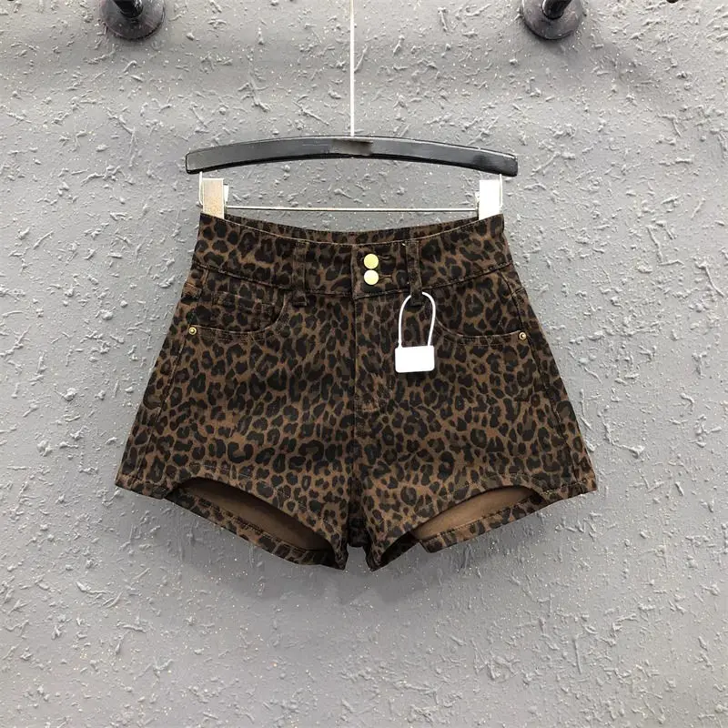 Leopard Print High Waist Denim Shorts Women's New Irregular Fashion Wide-leg Pants Booty Shorts Jeans