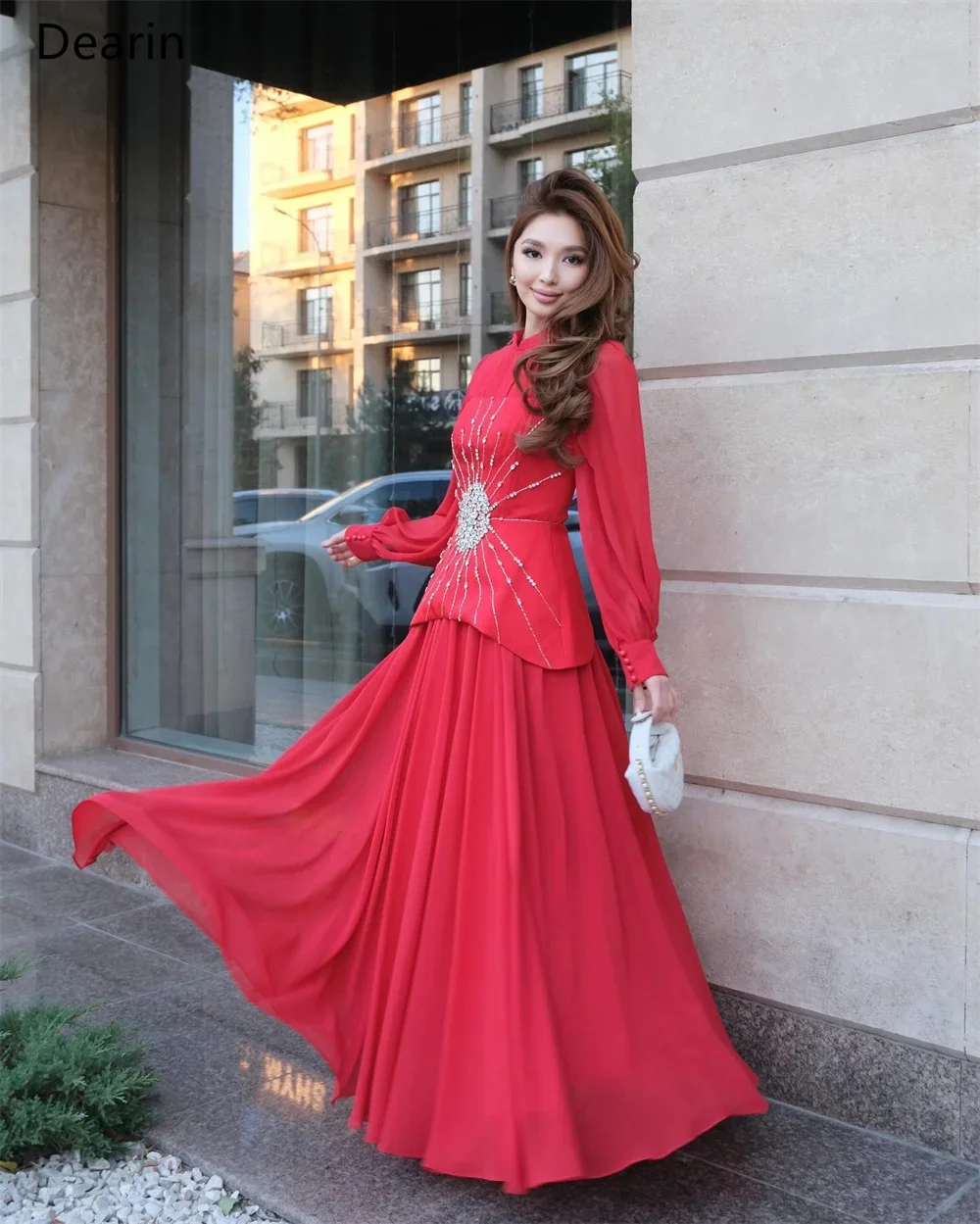 Customized Evening Gown Dearin High Collar A-line Floor Length Skirts Layered Draped Tulle Beading Bespoke Occasion Dresses Form