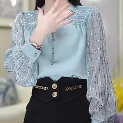 French Style Fashion Autumn Shirts Women Clothing Solid O-Neck Patchwork Bright Silk Temperament Sweet Loose Long Sleeve Tops