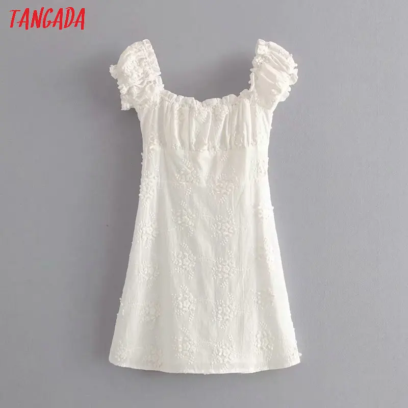 Tangada fashion women white embroidery cotton dress French style short sleeve ladies summer beach dress vestidos 1T17