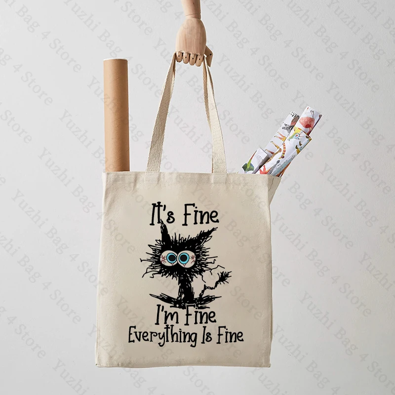 Cartoon Funny Cat Print Tote Bag I\'m Fine Print Reusable Shopper Bag Versatile Shoulder Bag Gift for Best Friend Large Capacity