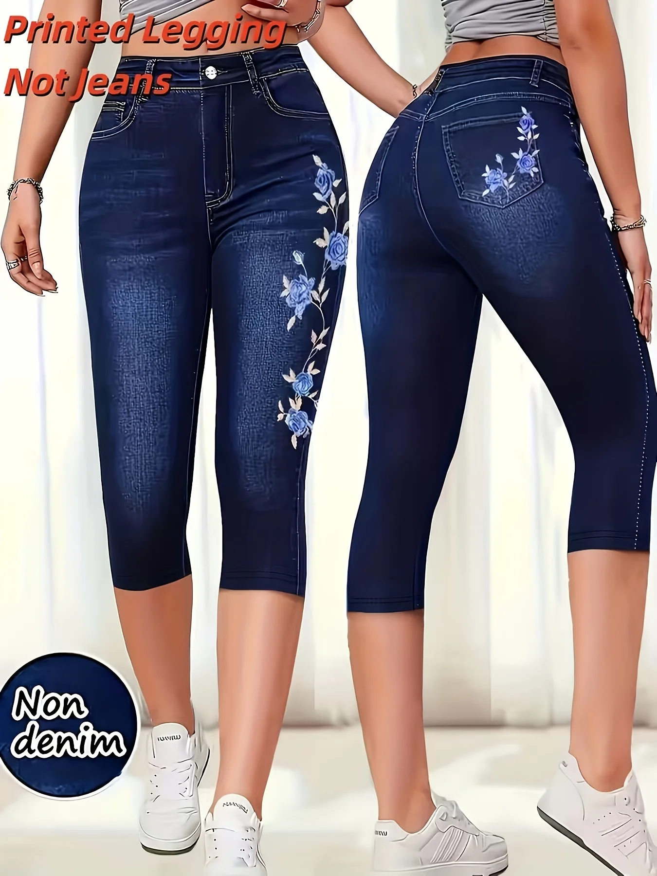 [Printed Pants - Not Denim Fabric] Printed Legging - Not Denim Fabric, Printed Capri Pants with Full-Length Imitation Denim Pock